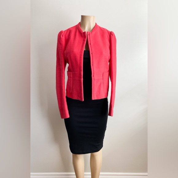$660‼️MAJE Tweed Short Blazer Jacket Collarless Long Pleated Sleeves Pink Red M - Picture 12 of 13